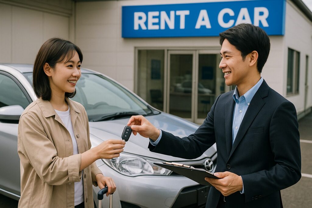 レンタカーの鍵を受け取る女性とレンタカー店員の写真