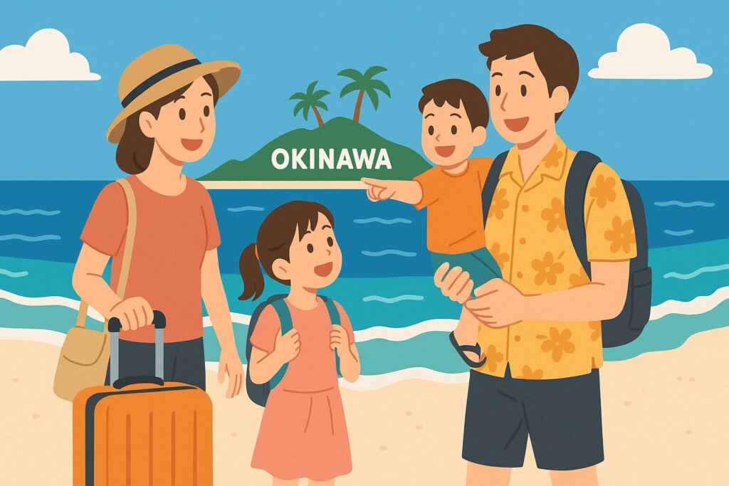 沖縄に家族旅行に来ている様子のイラスト