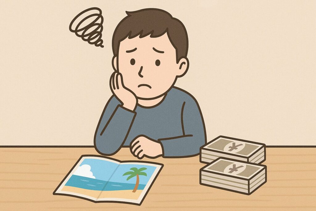 旅行費用に悩んでいる男性のイラスト