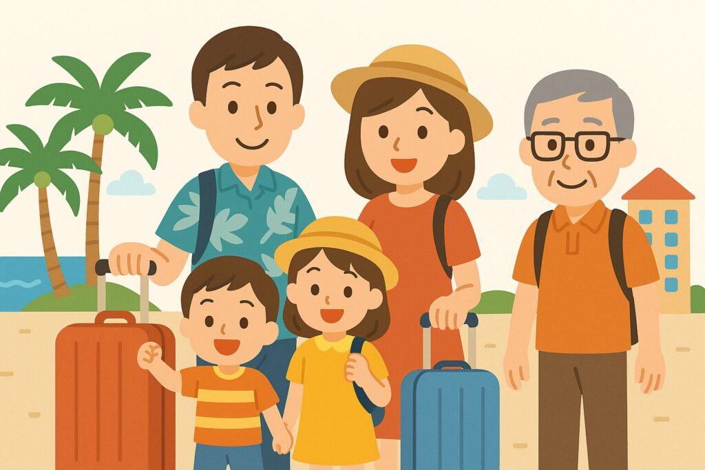 家族5人で沖縄旅行に来ている様子