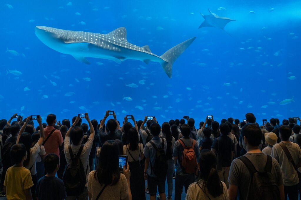 美ら海水族館で混雑している館内の様子。水槽前に大勢の人が集まっている様子が描かれている。