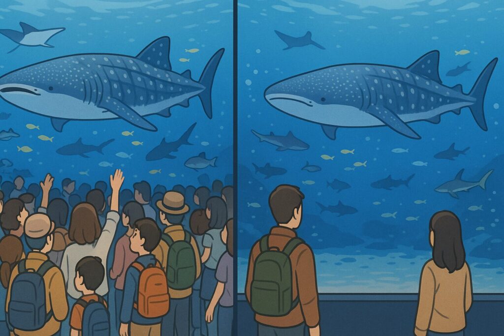 美ら海水族館が混んでいる様子と空いている様子の比較イラスト