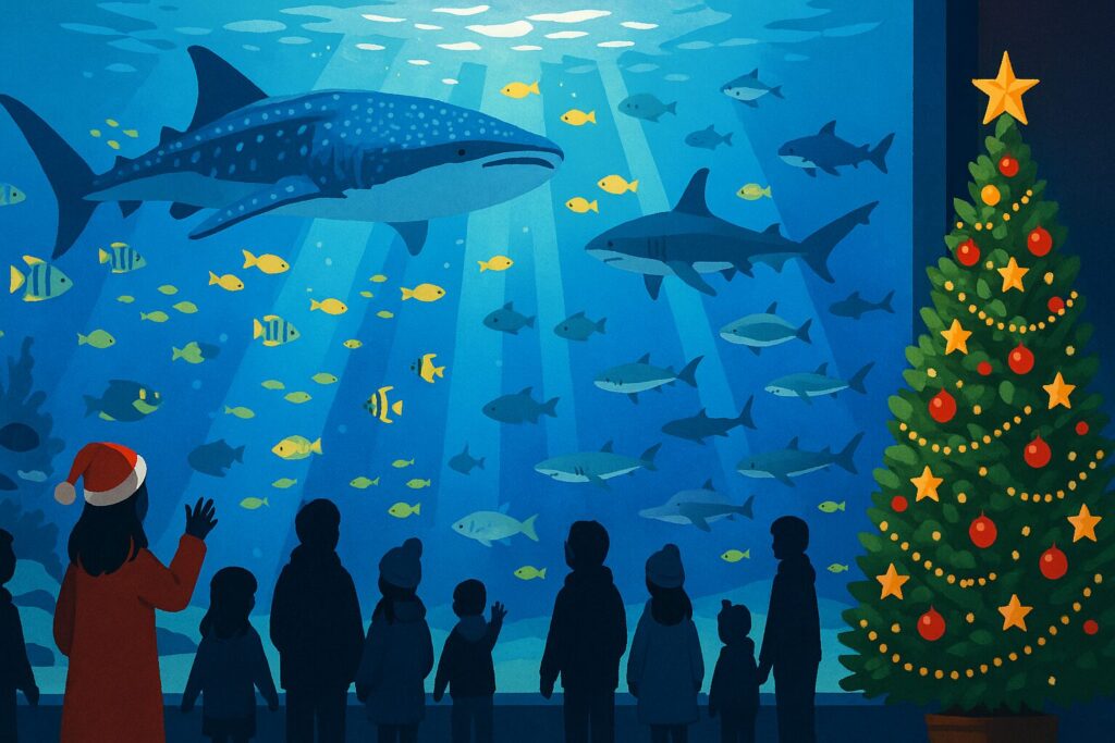年末年始の美ら海水族館の様子を描いたイラスト(ジンベエザメの大水槽とクリスマスツリー)