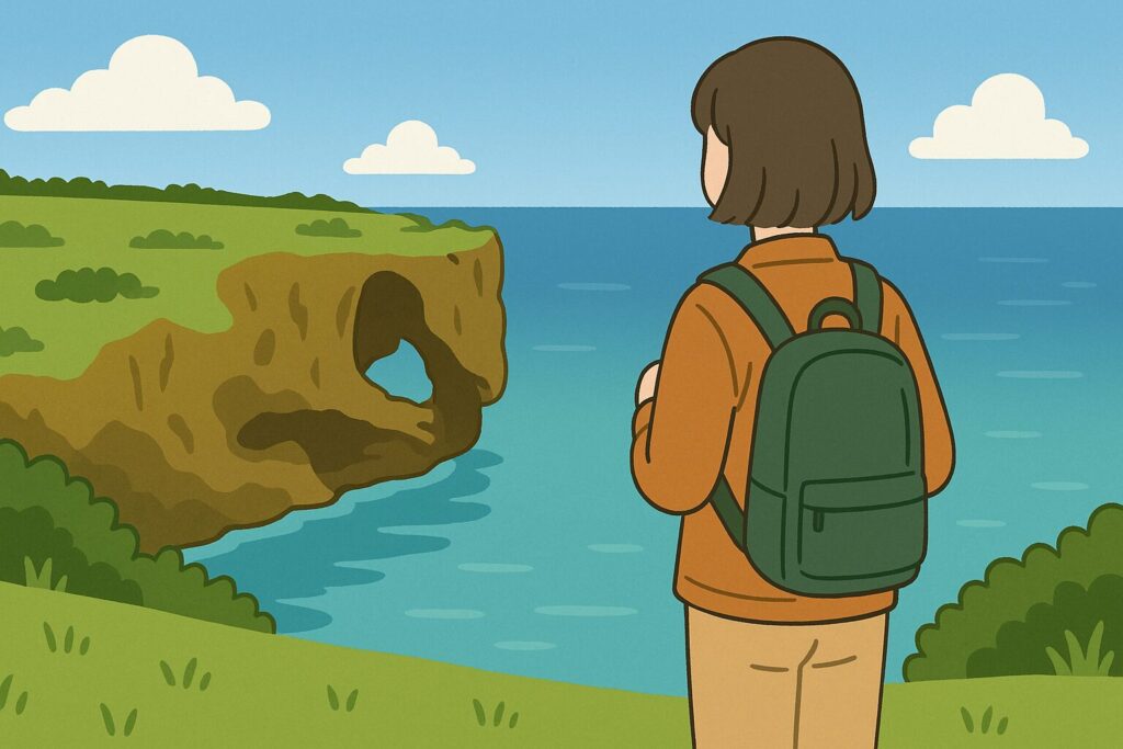 自然景観を楽しむ人のイラスト。リュックを背負い、断崖絶壁の景色を眺める人物が描かれている。