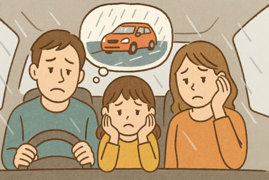 雨の日のドライブで悲しそうな家族を描いたイラスト。父親、母親、娘が車内で雨を眺めながら肩を落としている。