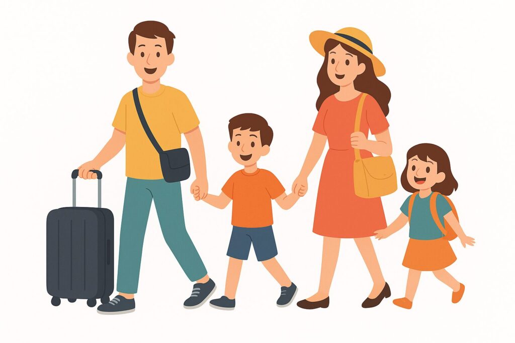 家族4人で旅行を楽しむ様子のイラスト。父、母、子ども2人が明るい表情で手をつないで歩いており、父はスーツケースを引いている。