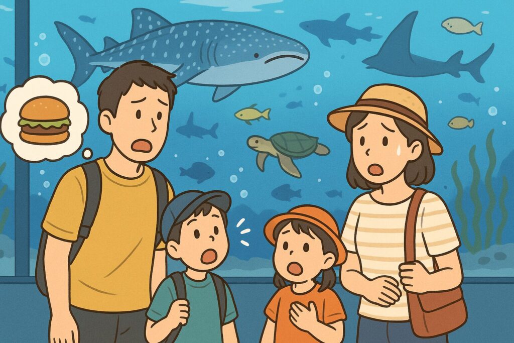 美ら海水族館でお腹が空いている子連れファミリーのイラスト