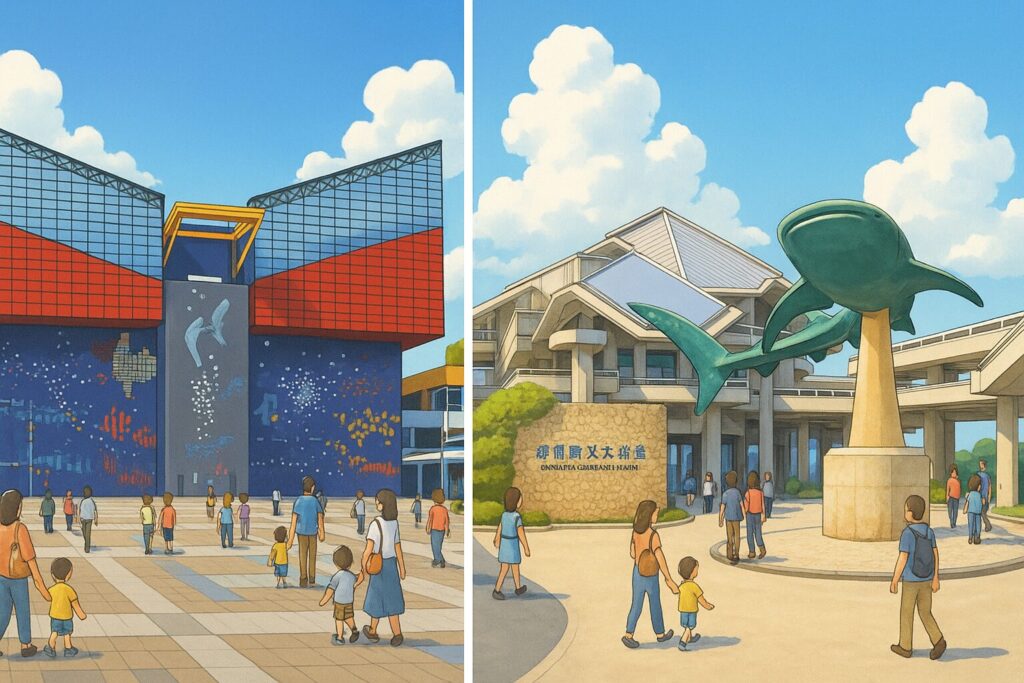 美ら海水族館と海遊館の建物外観を比較したイメージ画像