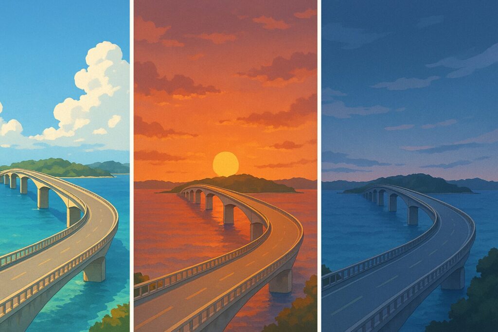 古宇利大橋の昼間、夕方、早朝の景色を描いたイラスト。青空、夕焼け、薄明かりの三つの時間帯で、橋と海の美しいコントラストが描かれている。