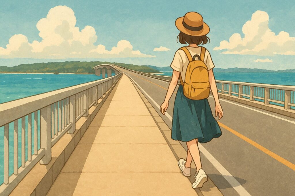 古宇利大橋を歩く女性のイラスト。白いシャツ、緑のスカート、麦わら帽子をかぶり、黄色のリュックを背負って橋を歩いている。