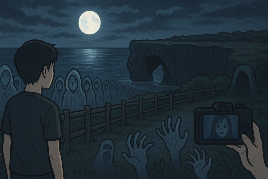 夜の万座毛で幽霊の群れが現れる様子を描いたイラスト。フードをかぶった幽霊たちや無数の手、カメラに写る顔などが不気味に描かれている。