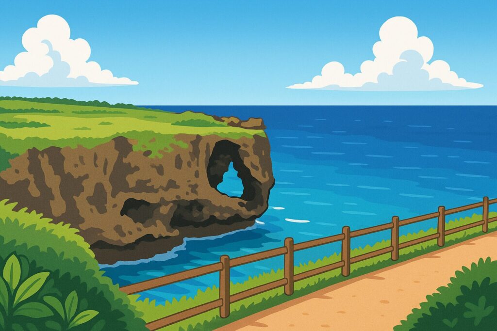 沖縄の万座毛を描いたイラスト。海に面した大きな崖に特徴的な穴が空いており、海と青空が広がる風景が描かれている。