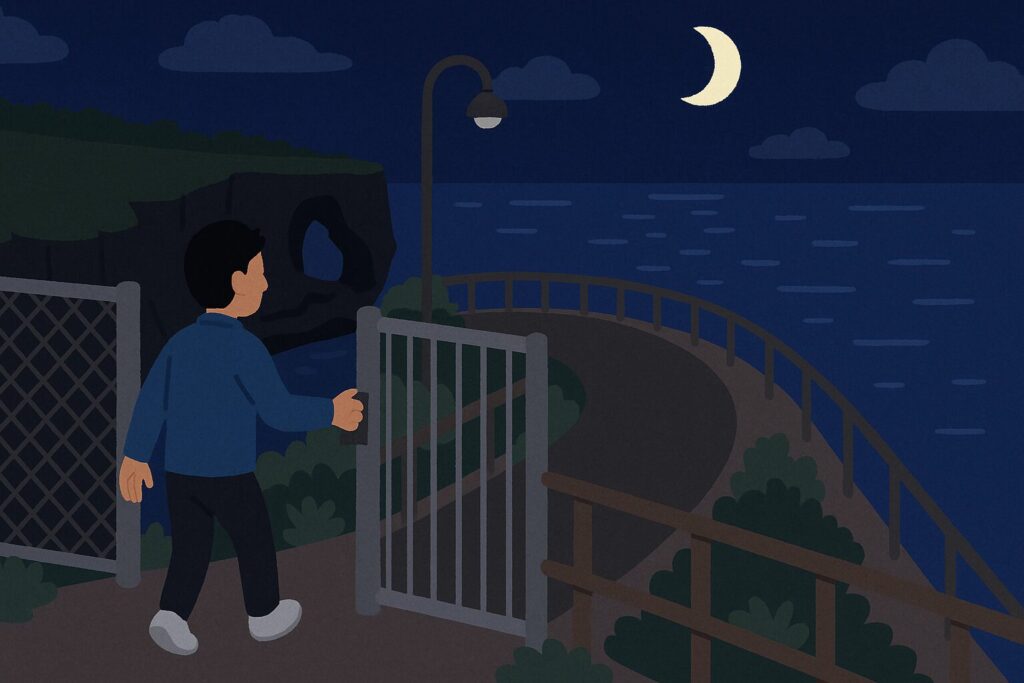夜の万座毛に入る男性のイラスト。柵の門を開け、暗い道を進む男性の後ろ姿が描かれ、海と空には月が輝いている。