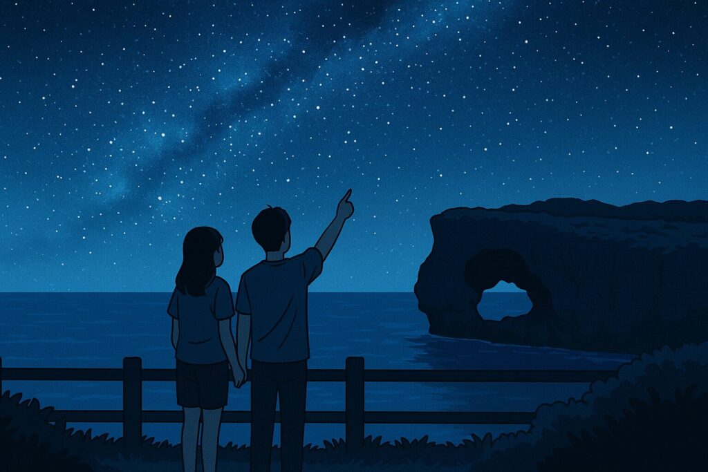 万座毛で星空を眺めるカップルのイラスト。夜空には満天の星と天の川が広がり、海の向こうに象の鼻のような岩が見える。