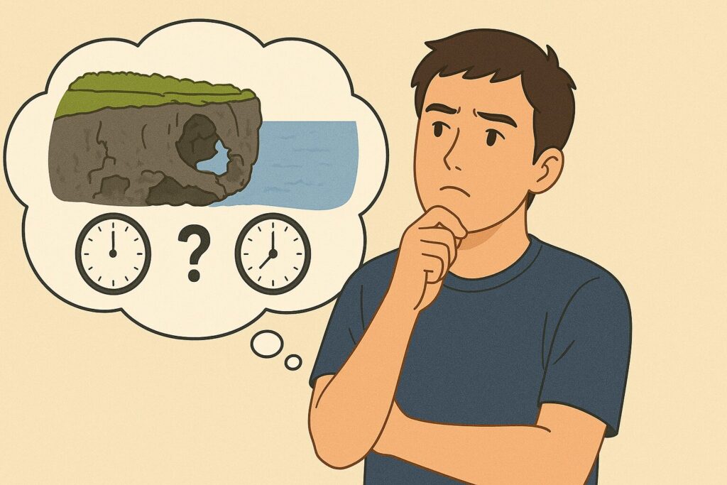 万座毛の滞在時間を悩む男性のイラスト。時計のマークと疑問符が表示された吹き出しを見つめる。