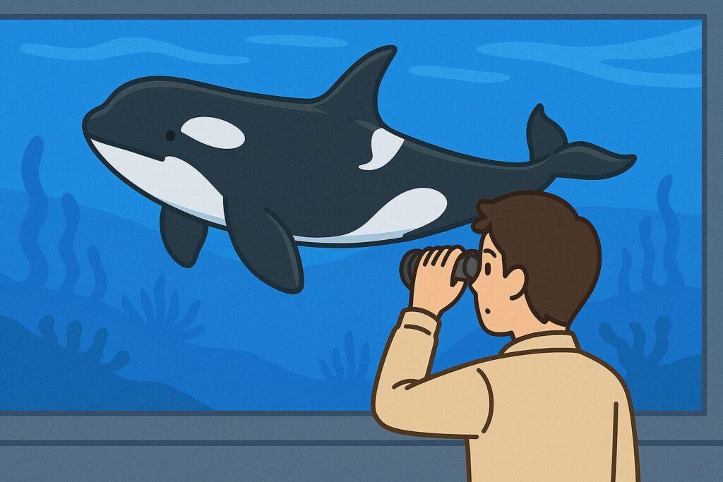 美ら海水族館でシャチを探している人のイラスト