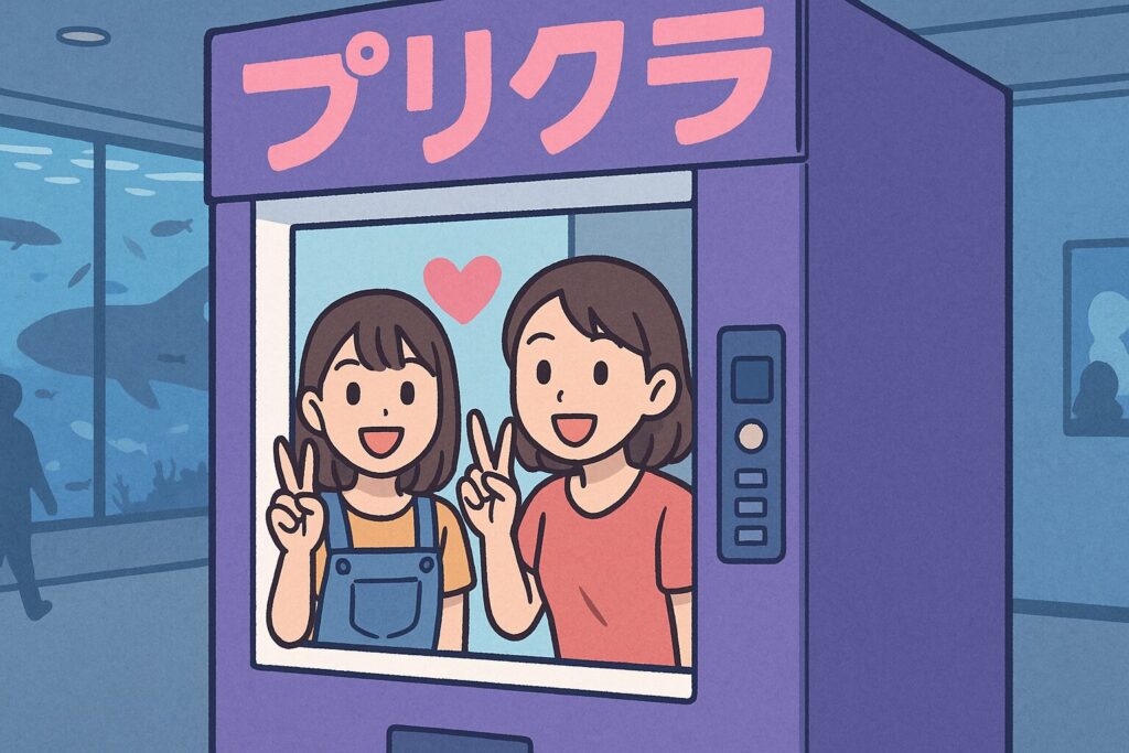 美ら海水族館でプリクラを撮る様子のイラスト