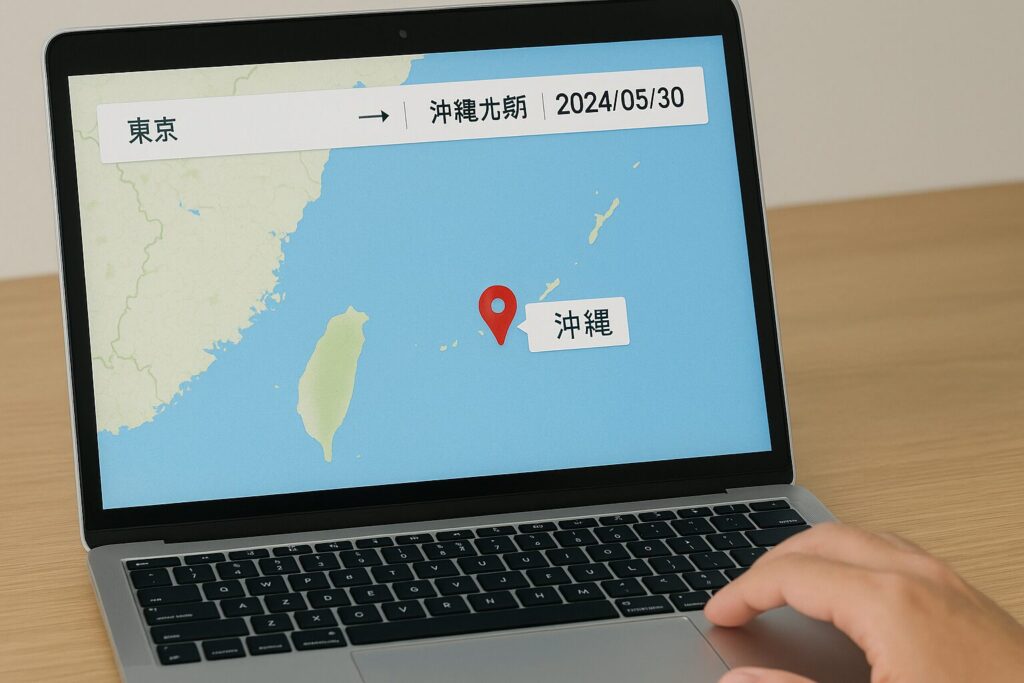 沖縄への最安移動手段を探している様子を表したイラスト。ノートパソコンで沖縄行きのルートを検索する手が描かれている。