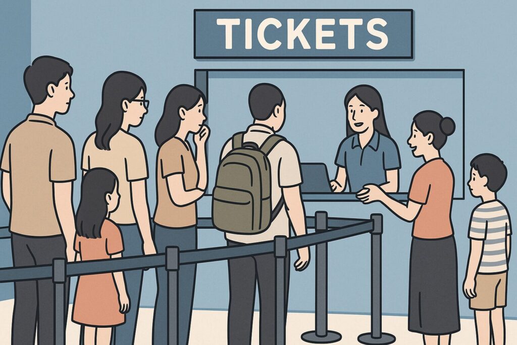 チケット売り場で並んでいる人々のイラスト。複数の人が列を作り、窓口でチケットを購入しようとしている様子。