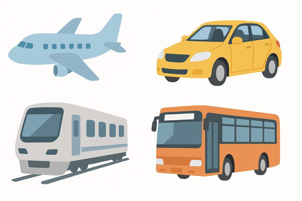 交通アクセスを表すイラスト。飛行機、車、電車、バスの4つの乗り物が並んで描かれている。