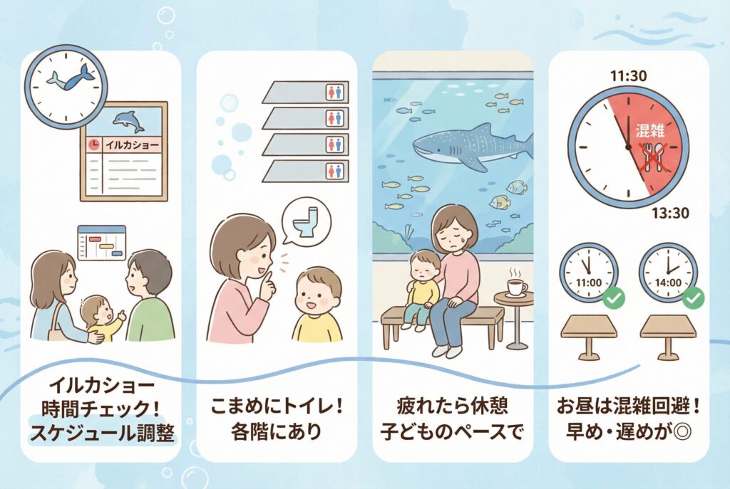 幼児連れのポイント
イルカショーの時間を事前にチェック:ショーの時間に合わせて水族館の見学時間を調整しましょう
トイレ休憩はこまめに:館内の各階にトイレがあるので、こまめに声かけを
疲れたら無理せず休憩:大水槽前のベンチやカフェで休憩しながら、子どものペースで楽しみましょう
お昼ご飯の時間に注意:11:30〜13:30は館内レストランが混雑するので、早めか遅めの時間がおすすめです