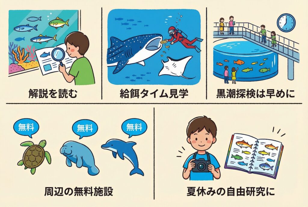 解説パネルを一緒に読む:魚の生態や特徴を学びながら見ると、より楽しめます
給餌時間をチェック:ジンベエザメやマンタの給餌タイムは見逃せません
黒潮探検は早めに:人気プログラムなので、午前中の早い時間がおすすめ
周辺の無料施設も忘れずに:ウミガメ館、マナティー館、イルカラグーンは全て無料で楽しめます
夏休みは自由研究のチャンス:写真を撮ったり、気になる魚をメモしたりして、自由研究の題材にするのもおすすめです