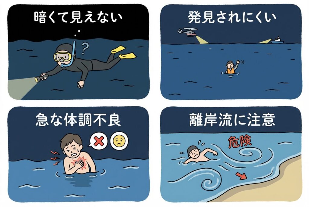 暗くなると海の中が見えにくい

助けを呼んでも発見されにくい

急な体調不良に対応できない

離岸流などの危険を見逃しやすい