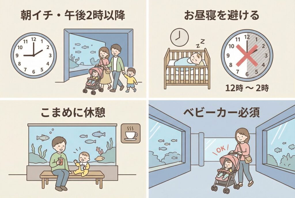 朝イチか午後2時以降がおすすめ:混雑を避けられて、赤ちゃんもゆっくり見られます
お昼寝時間を避ける:午前中に入館するなら、お昼寝前の時間帯を狙いましょう
こまめに休憩を:大水槽前のベンチやカフェを活用して、無理のないペースで
ベビーカーは必須:館内は広いので、抱っこ紐だけだと疲れてしまいます