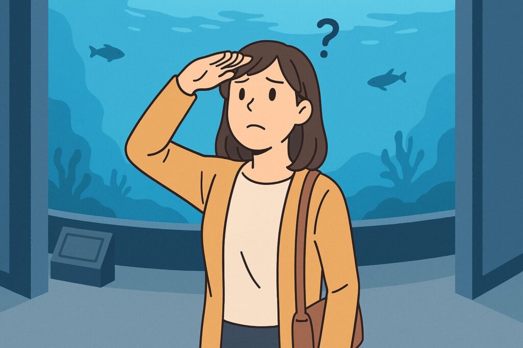 美ら海水族館でジュゴンを探している女性のイラスト