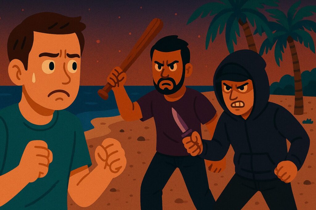 ビーチで治安が悪い状況に遭遇した男性のイラスト
