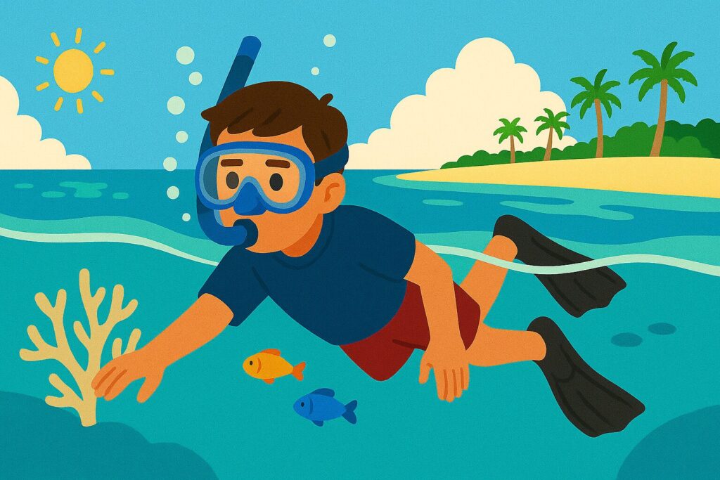 アラハビーチでシュノーケリングを楽しむ男性のイラスト