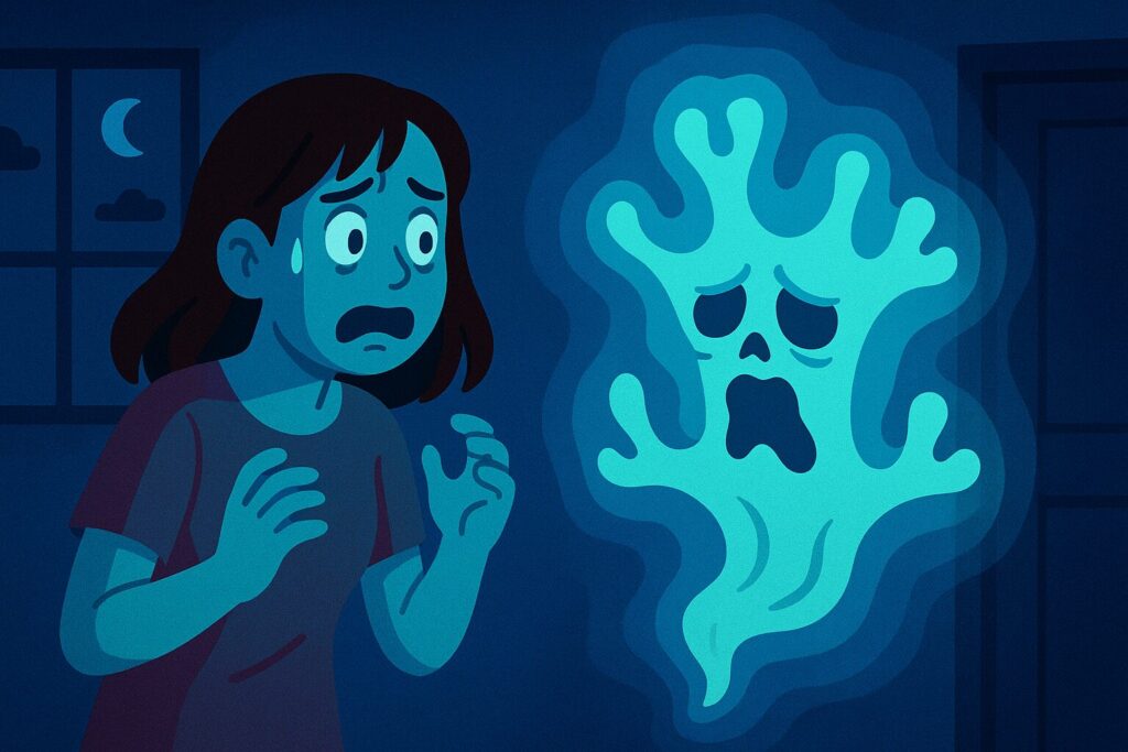 サンゴの呪いの幽霊に驚く女性のイラスト