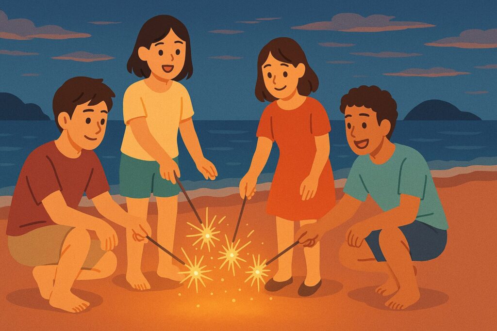 沖縄のビーチで手持ち花火を楽しむ4人のイラスト