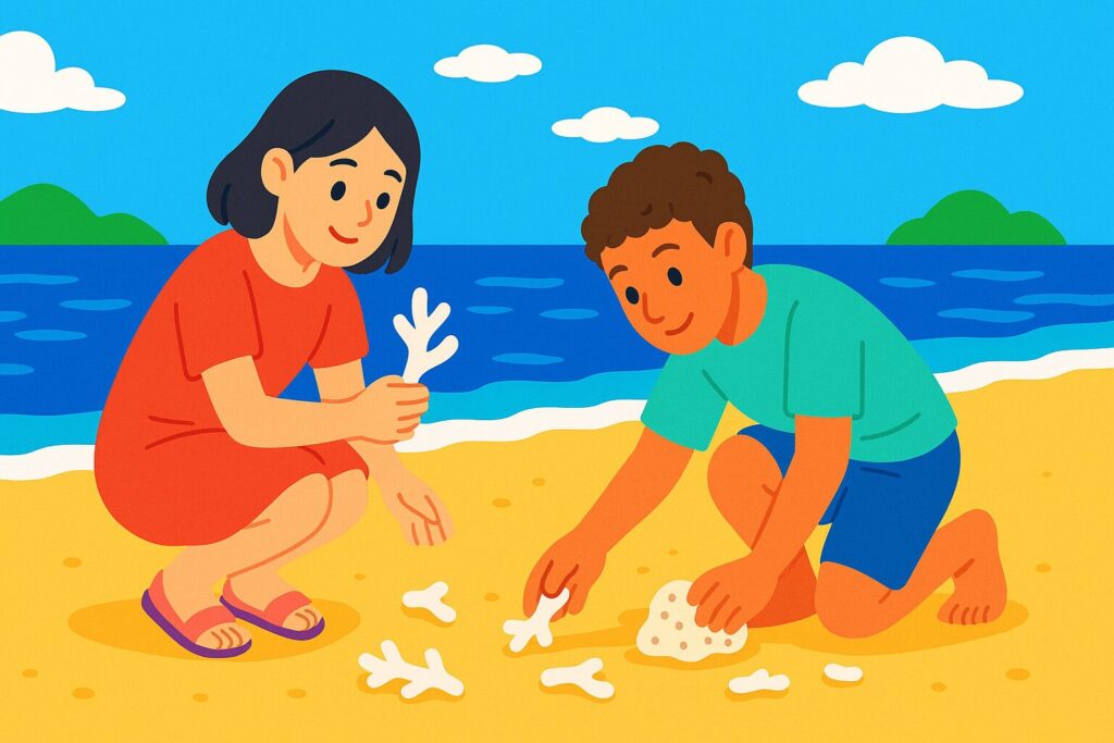沖縄のビーチでサンゴを拾っている子どもたちのカラフルなイラスト
