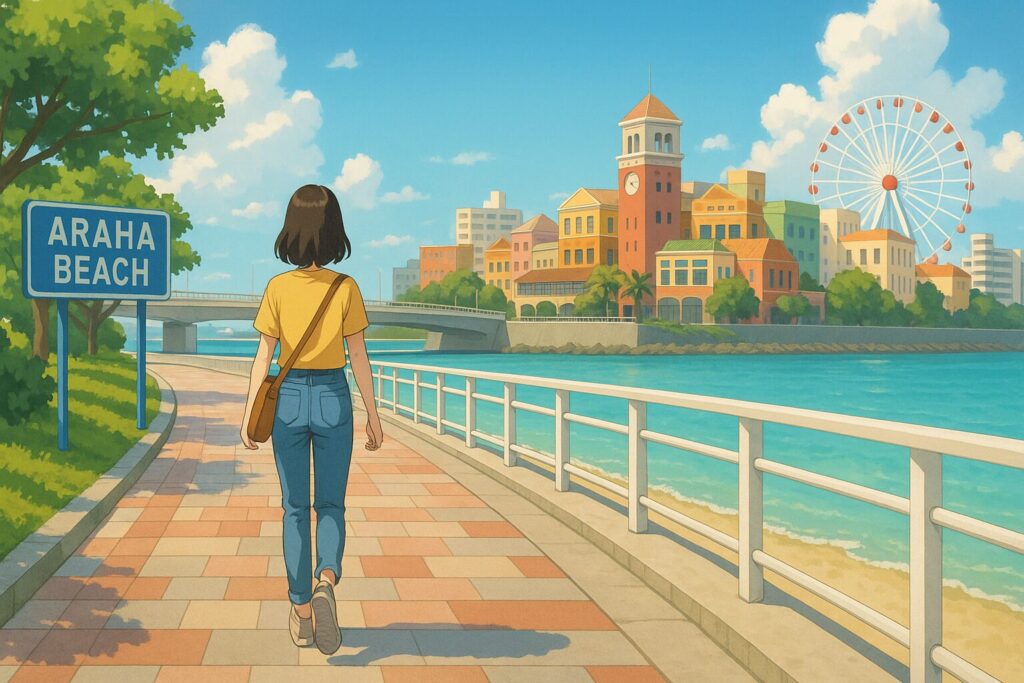 アラハビーチからアメリカンビレッジに向かって歩く女性のイラスト