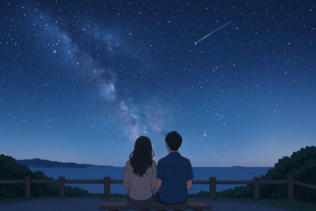 知念岬公園で星空を見上げるカップルのイラスト