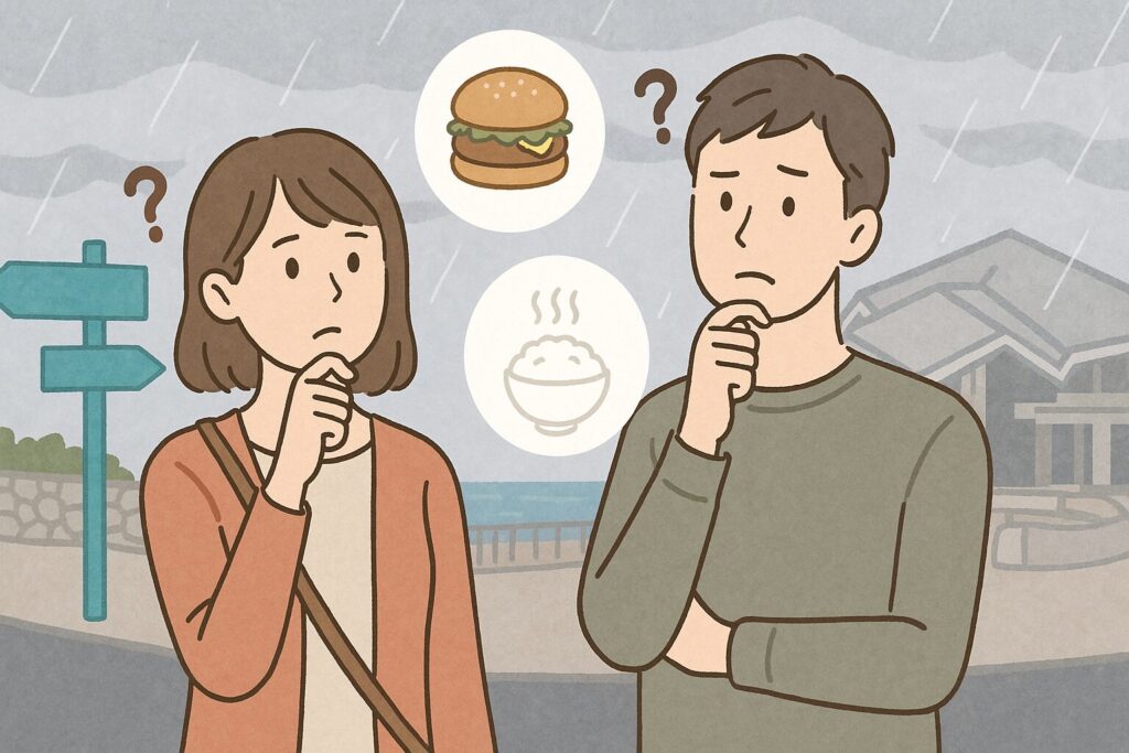 美ら海水族館の帰りにご飯の選択に悩むカップルのイラスト