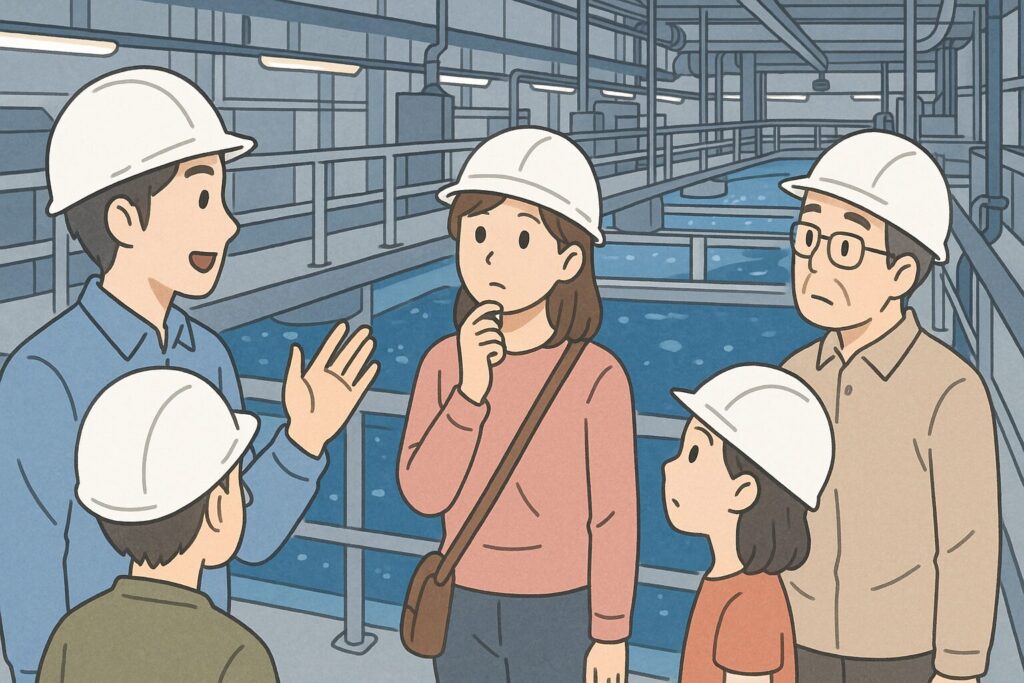 美ら海水族館のバックヤードツアーに参加している人々のイラスト