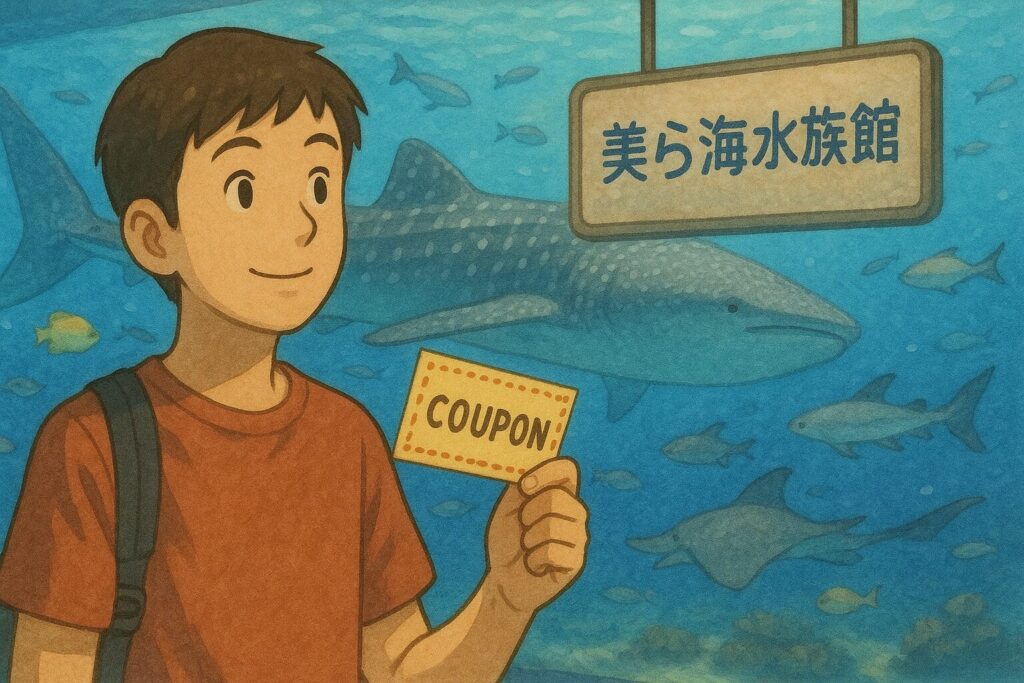 美ら海水族館でクーポンを手にする男性のイラスト