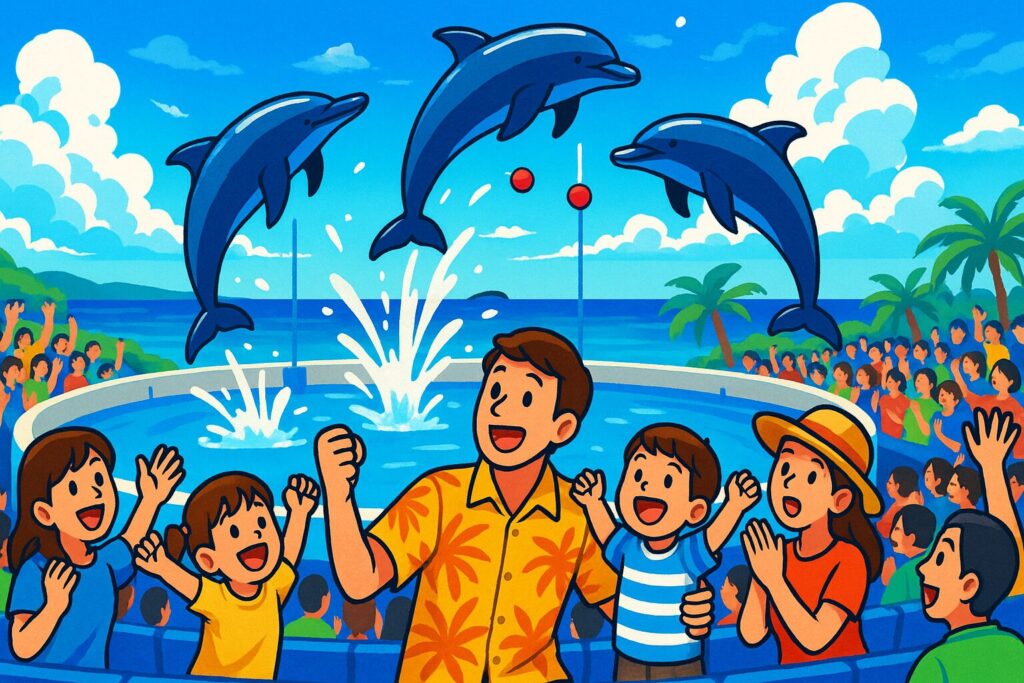 美ら海水族館のイルカショーを楽しむ家族のイラスト