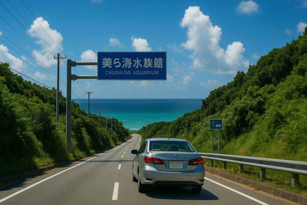 美ら海水族館へ下道で向かう車の様子