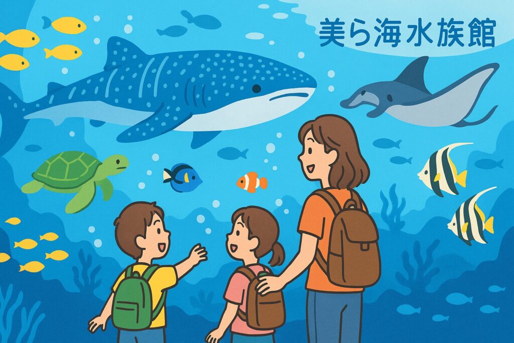 美ら海水族館で子連れで楽しむ家族のイラスト