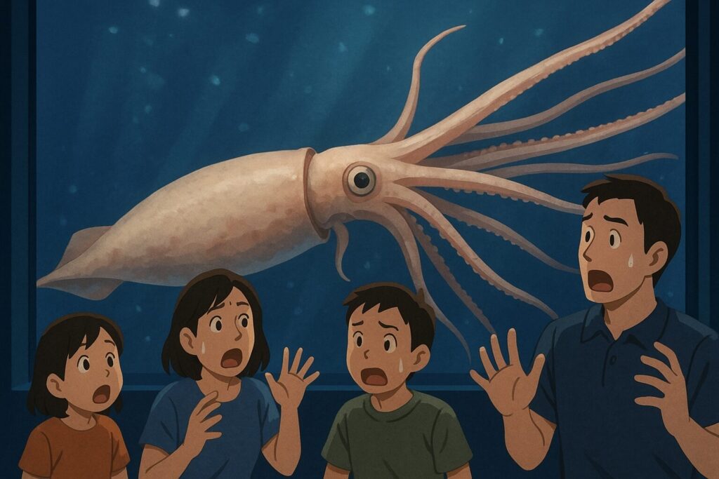 美ら海水族館のダイオウイカに驚いている人たちのイラスト