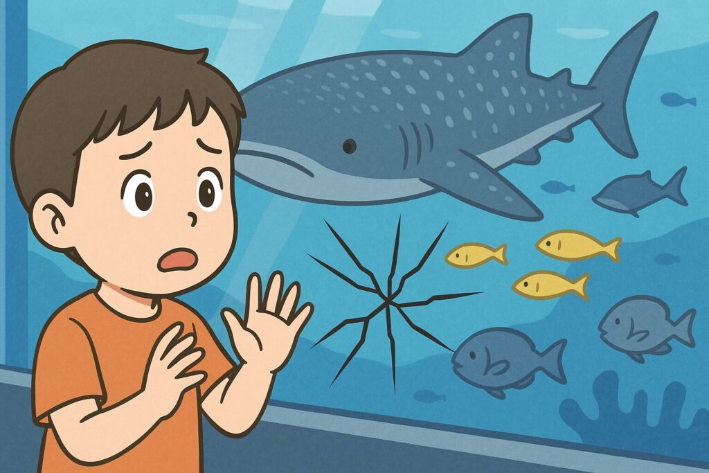 美ら海水族館のガラスが割れないか心配している子供のイラスト