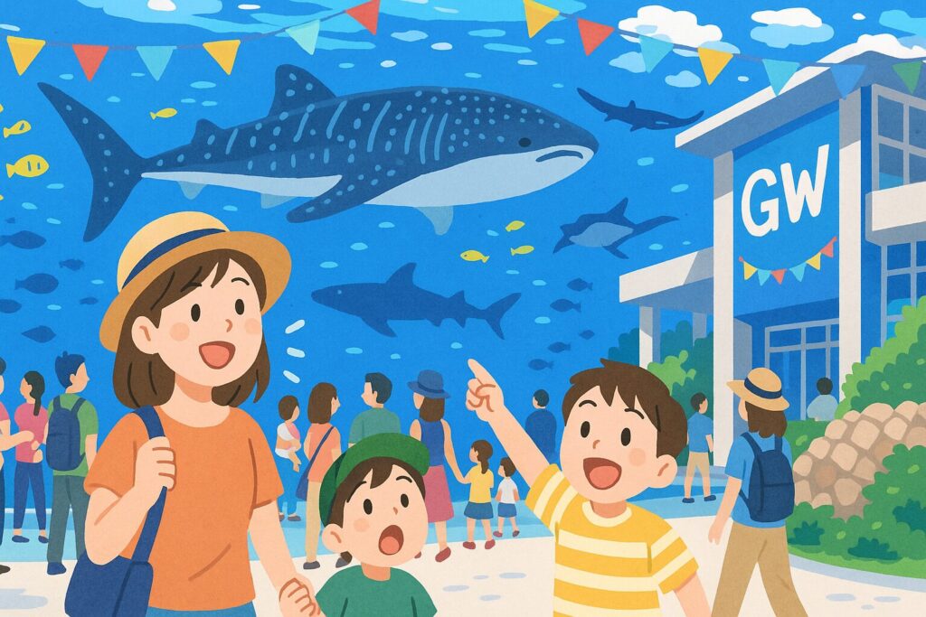 ゴールデンウィークの美ら海水族館でにぎわう家族連れのイラスト