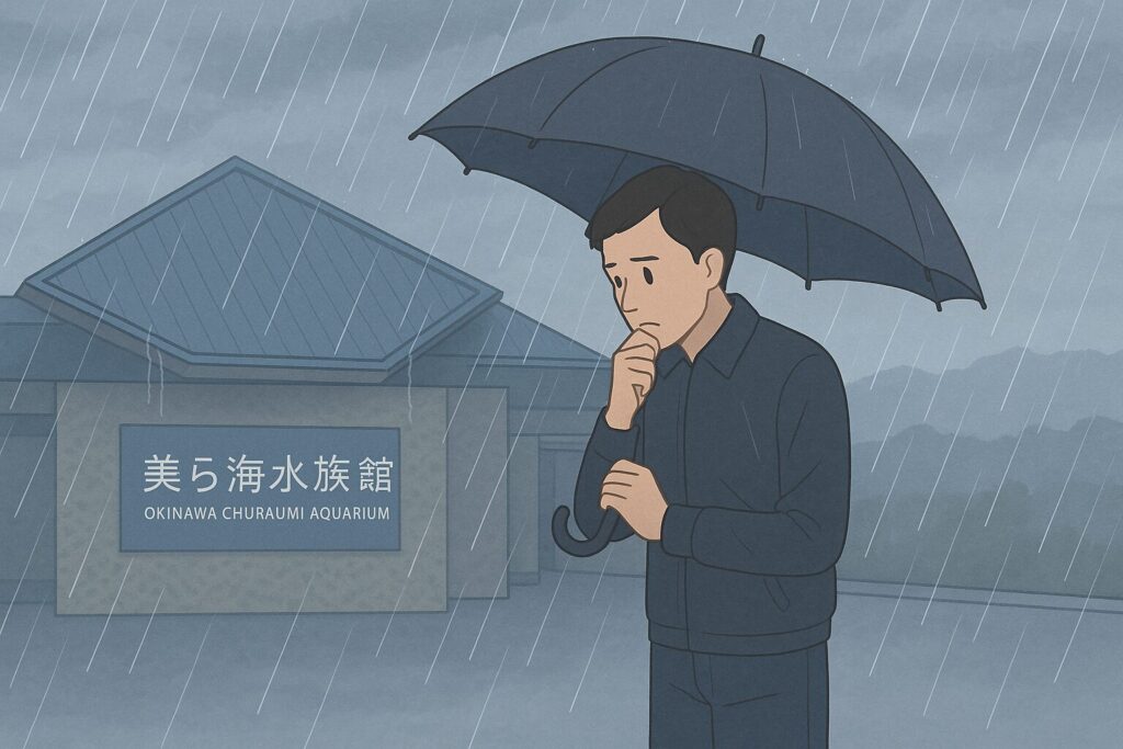 美ら海水族館の前で雨に濡れながら傘をさす男性のイラスト