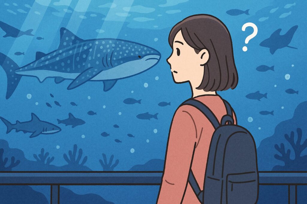 美ら海水族館を一人で訪れた女性のイラスト