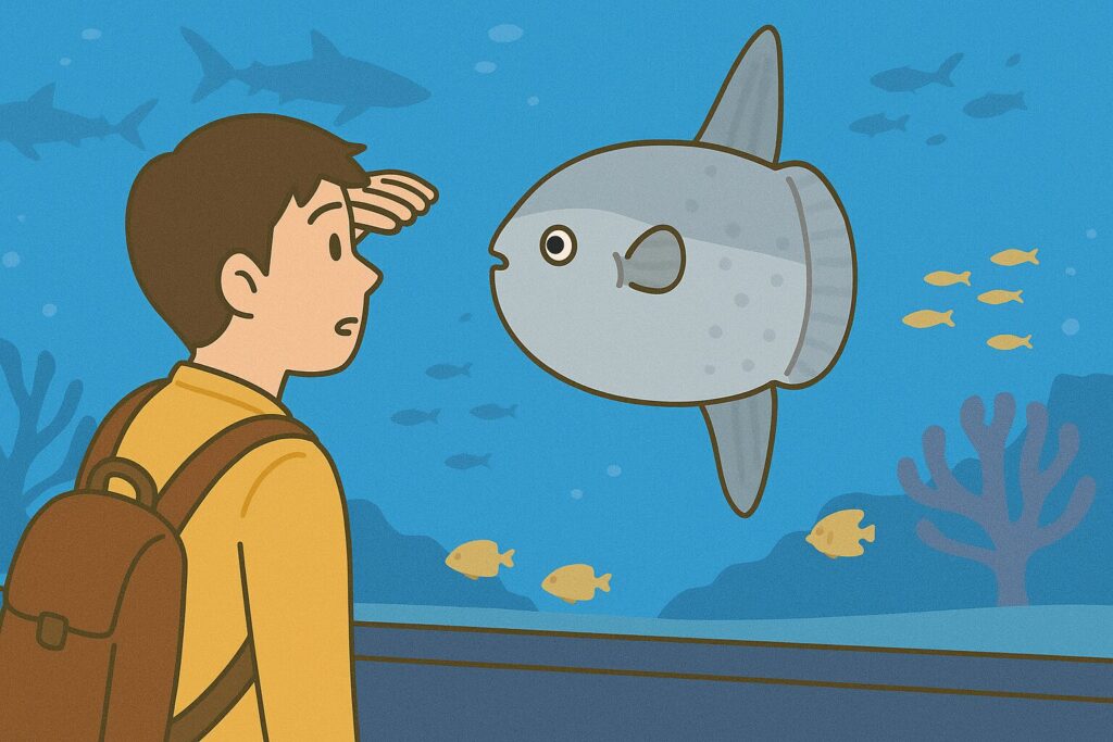 美ら海水族館でマンボウを探している男性のイラスト