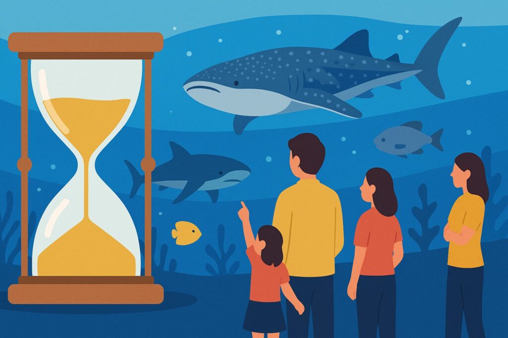 美ら海水族館の水槽と訪問者、そして砂時計を示したイラスト