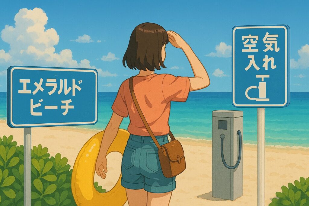 エメラルドビーチで空気入れを探している女性のイラスト